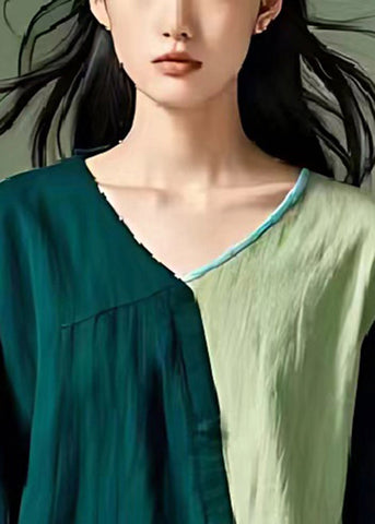 Grüne Patchwork Leinen Tops V-Ausschnitt Oversized Sommer 