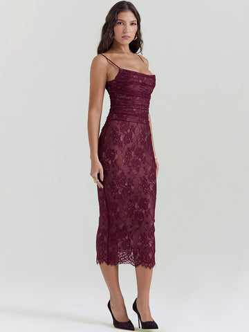 Figurbetontes Kleid aus Spitze, verstellbarer Spaghettiträger, Schnürung, sexy Party-Midikleider 