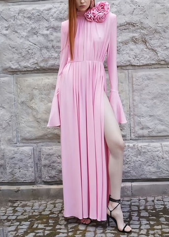 Italienische Rosa Stereoskopische Blumen Seite Offen Spandex Zeremonielle Kleider Sommer