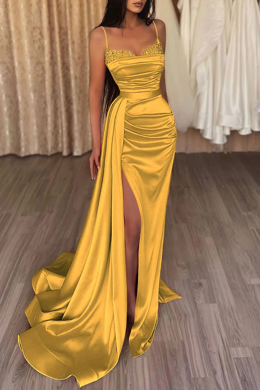 Mermaid Spaghetti Straps Dark Grey Long Prom Dress with Split Front