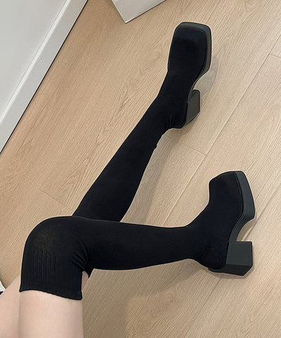 Nuevas botas hasta la rodilla de tacón grueso con empalme elegante de tejido de punto gris 