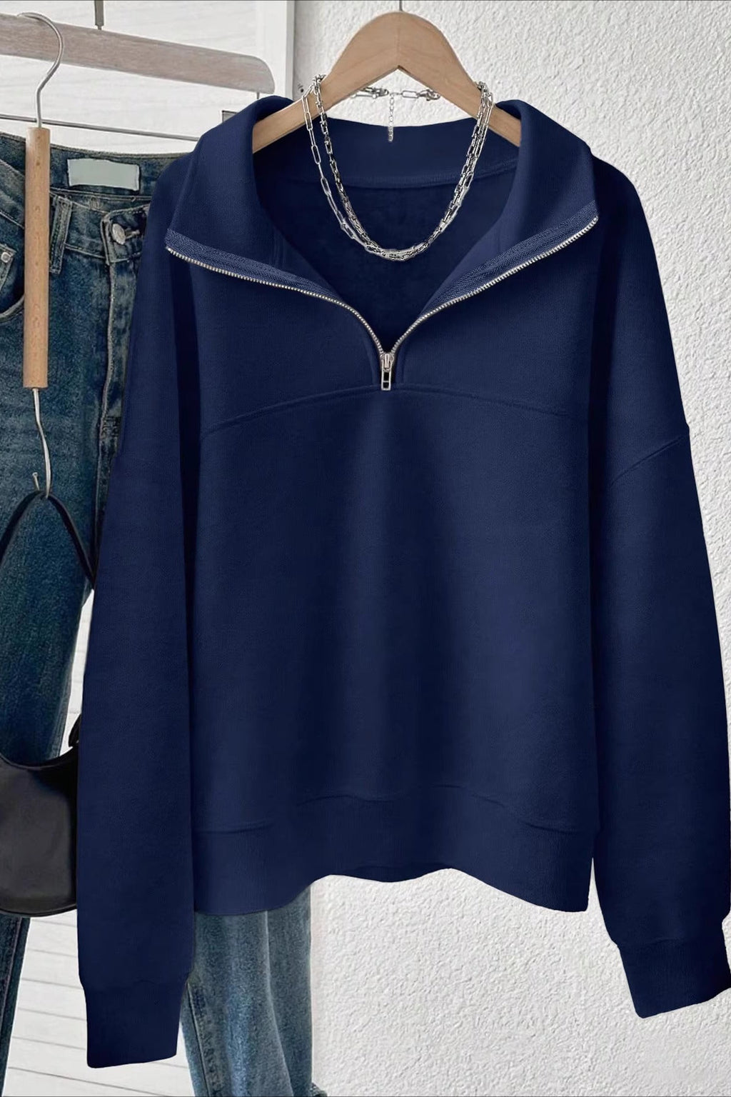 Solid Half Zip Loose V-Neck Sweatshirts