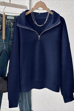 Solid Half Zip Loose V-Neck Sweatshirts