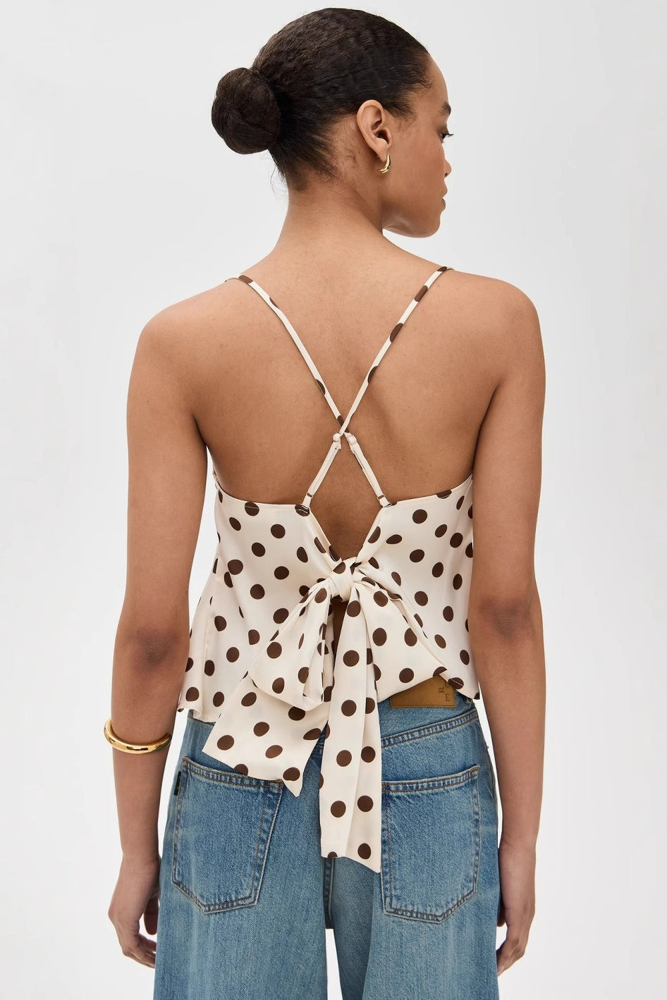 Ruffle Draped Neck Polka Dot Tie Back Cami Top