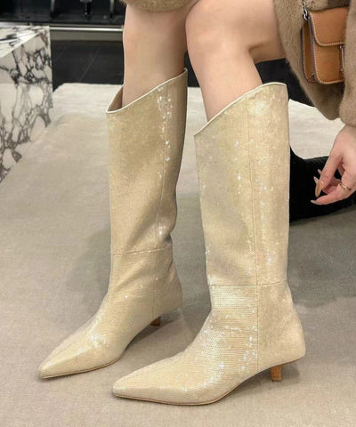 Nuevas y elegantes botas de tacón bajo con lentejuelas en color albaricoque 