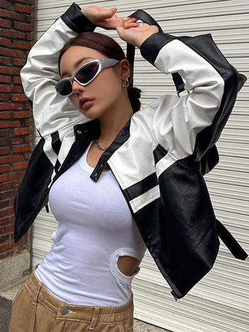 TARUXY Chaquetas de PU con bloques de color para mujer, abrigo holgado con corte entallado para mujer, ropa de invierno 2023, chaqueta básica informal para mujer, novedad 