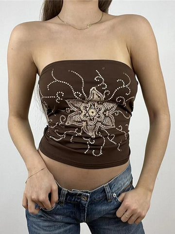 Tops vintage con estampado floral, top corto sin mangas para mujer, camiseta de fiesta, ropa de calle con hombros descubiertos de verano 2024 