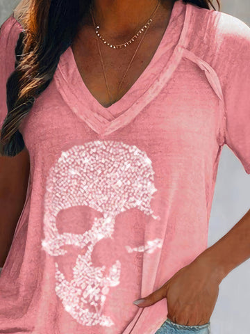 Skull Print Deep V-neck Pullover T-shirt