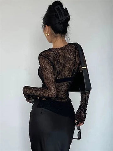 Tossy Black See-Through Sexy Pullover T-shirt Female Slim Patchwork Long Sleeve Hollow Out Streetwear Summer Women's Tee Clothes
