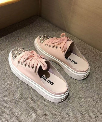 Boutique Rosa Splicing Plattform Slide Sandalen Lace Up Zirkon 