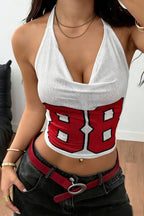 Sporty Number Print Solid Halter Top