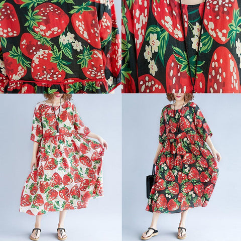 Vestido de gasa natural con estampado rojo para mujer, vestido extragrande, boutique, manga corta, cuello redondo, vestido midi con dobladillo extra grande 