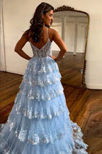 Prinzessinnen-Abendkleid in A-Linie mit Spaghettiträgern, blauem Korsett und Spitzenrüschen