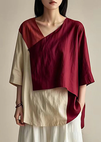 Französisches, weinrotes, asymmetrisches Patchwork-Baumwolltop mit Armbandärmeln 