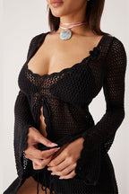 Solid Sexy V Neck Tie Knit Hollow Blouse