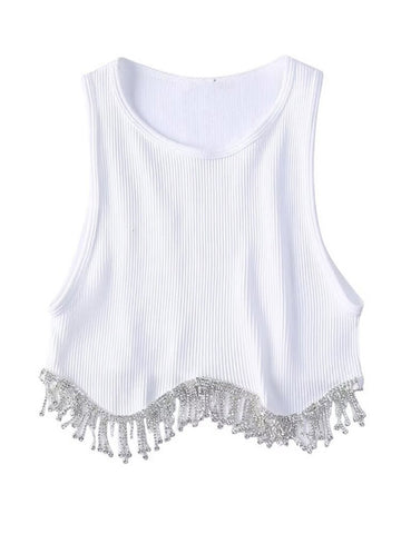 Camiseta de punto con dobladillo sexy y borlas de diamantes y cuentas de High Street, camisola corta elegante, top corto ajustado para mujer 