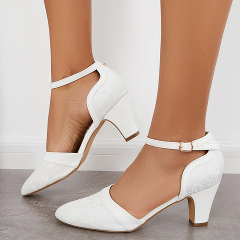 Closed Toe Block Heel Lace Satin Pumps Ankle Strap Wedding Shoes
