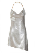 Halter Cowl Cutout Back Gold Print Mini Dress