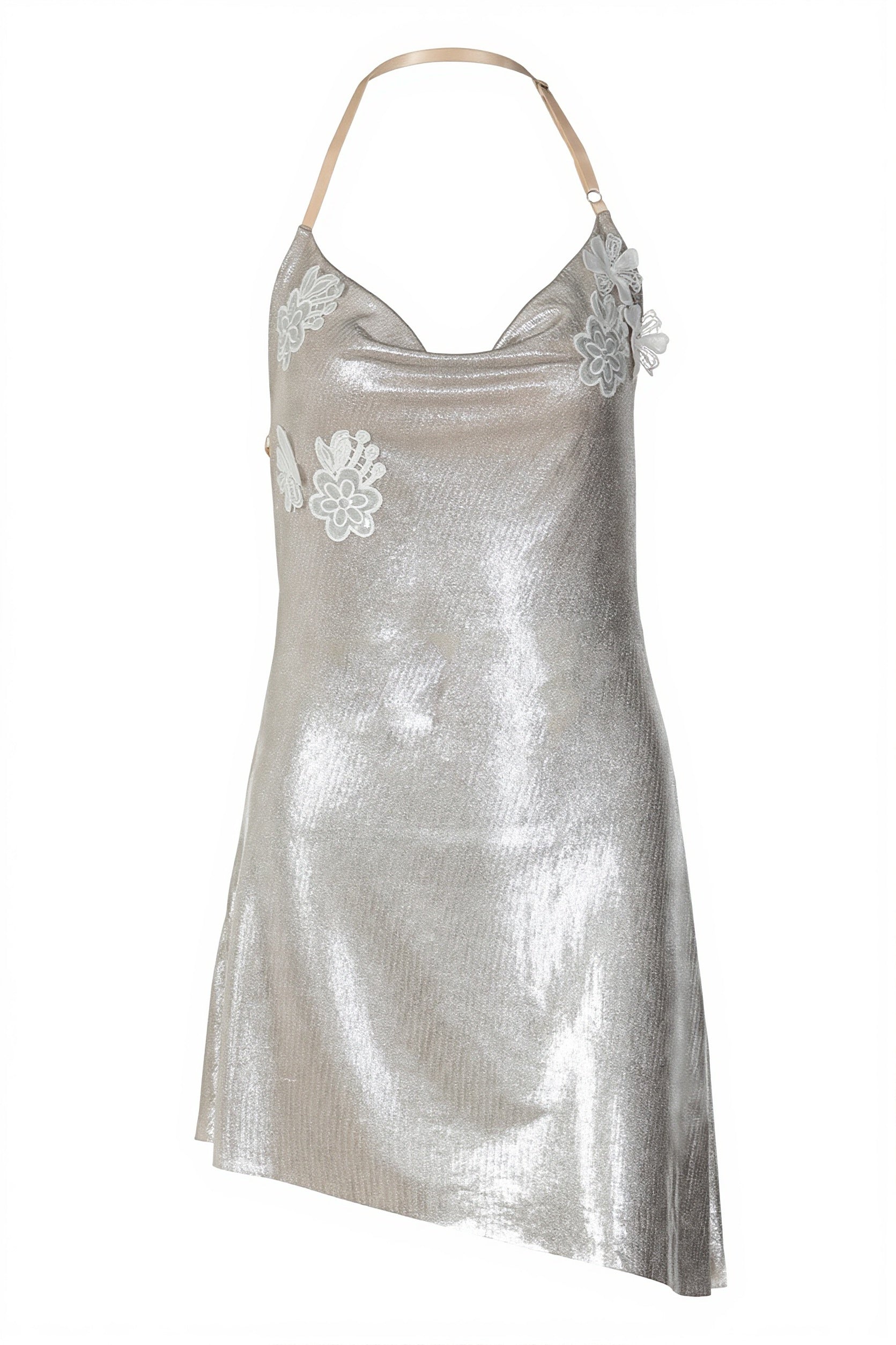 Halter Cowl Cutout Back Gold Print Mini Dress