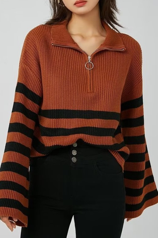 Turtleneck Zipper Striped Cardigan Sweater