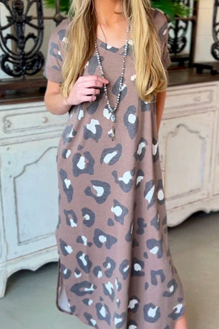 V Neck Side Split Leopard Maxi T-shirt Dress