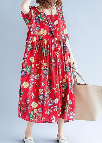 Einfache rote Druck Baumwollkleidung für Frauen O-Ausschnitt Cinched Kleider Sommerkleider 