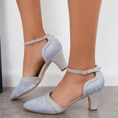 Closed Toe Block Heel Lace Satin Pumps Ankle Strap Wedding Shoes