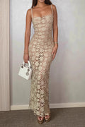 Solid Full Lace Cutout Split Cami Maxi Dress