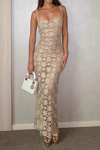 Solid Full Lace Cutout Split Cami Maxi Dress