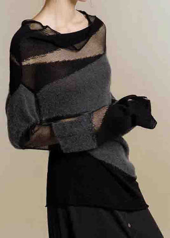 Nuevos suéteres de punto fino con cuello alto de tul y patchwork negros para otoño 