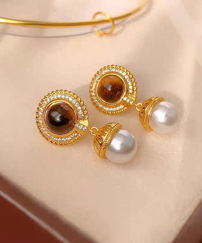 Elegant Gold Sterling Silver Overgild Pearl Tassel Drop Earrings