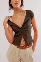 Ribbed Button Short Sleeve Casual Blouse