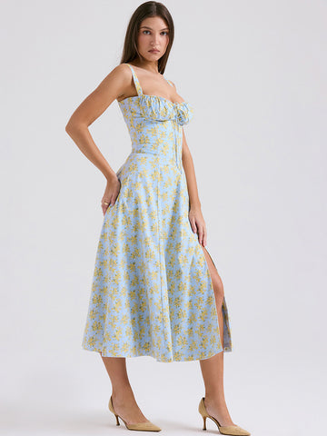 Vestido midi de fiesta con corsé, floral, tirantes anchos, espalda descubierta y abertura lateral