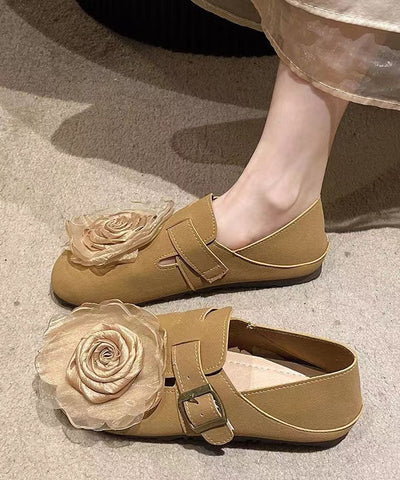 Zapatos planos de piel sintética con estampado floral color caqui y empalme suave para mujer 