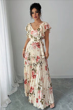 Floral Print Ruffle Sleeve V Neck Pleated Elegant Maxi Dress