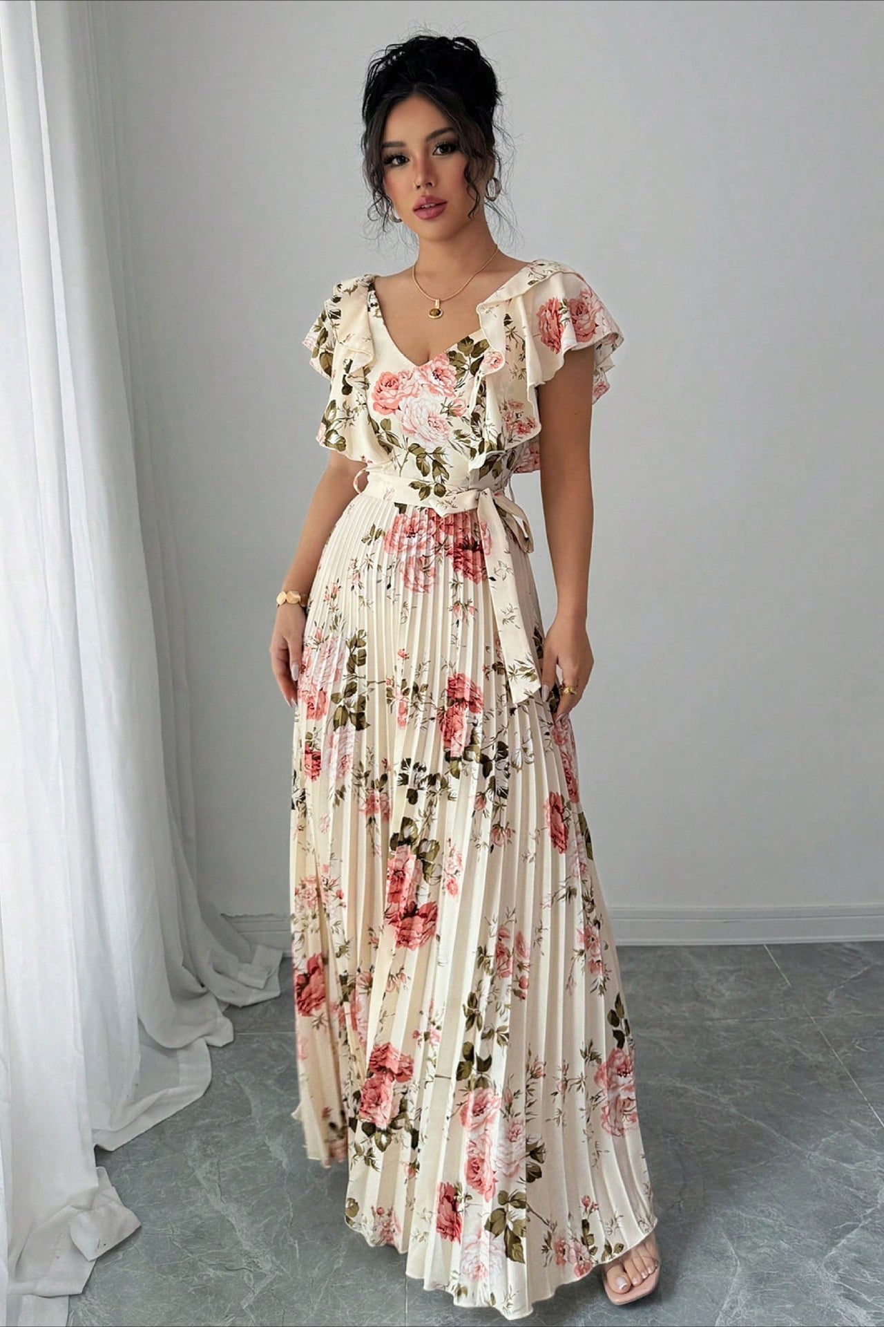 Floral Print Ruffle Sleeve V Neck Pleated Elegant Maxi Dress