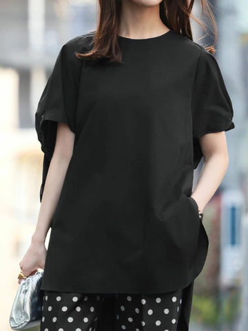 High-Low Loose Elasticity Solid Color Split-Side Rundhals-T-Shirts Tops 
