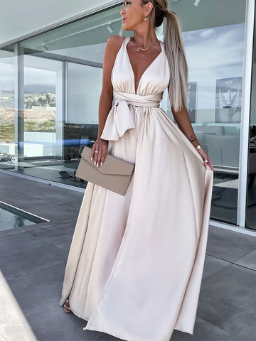 Überkreuztes Maxikleid, ärmellos, Empire-Taille, hochgeschlitztes Ballkleid 