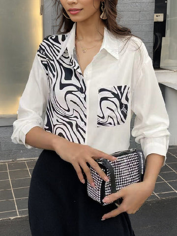 Blusas y camisas de manga larga, sueltas, asimétricas, con botones y solapas de rayas de cebra 