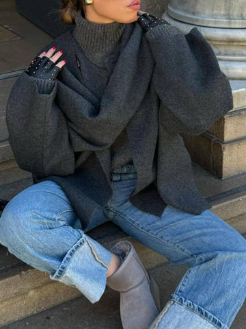 Capa tipo chal estilo vintage gris con bufanda 