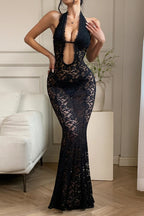 Lace Halter Neck Backless Solid Maxi Dress