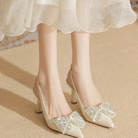 Sandalias de verano con tacones altos puntiagudos para mujer, estilo francés, con lazo de diamante y tacón delgado y vacío, sexys, de 7 cm 