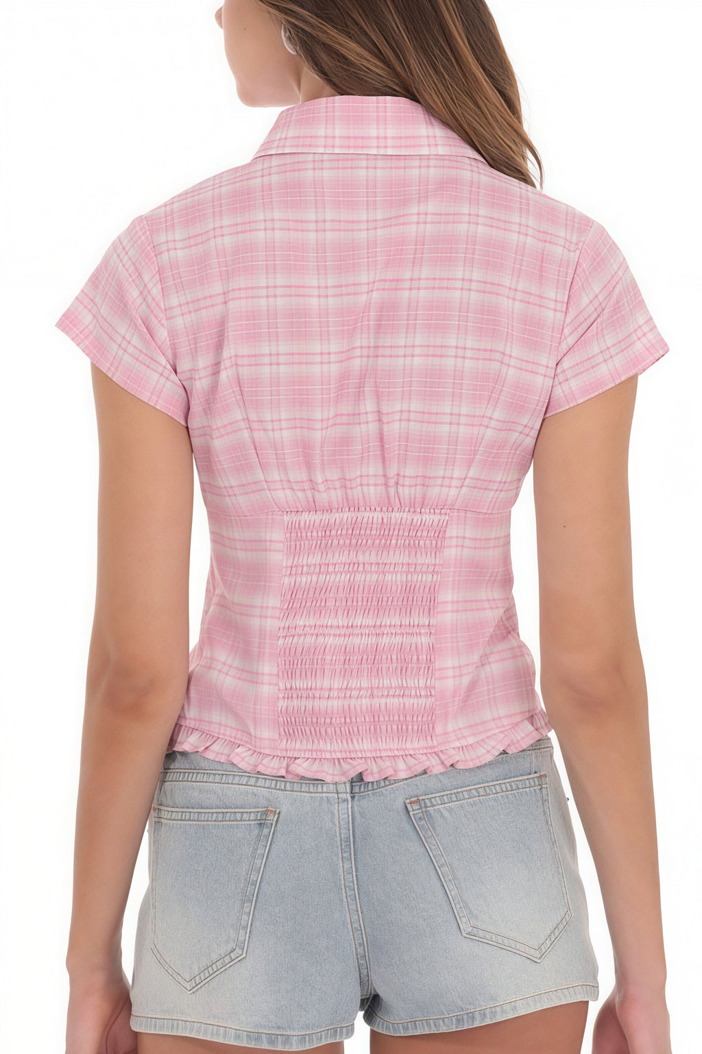 Cropped Plaid Polo Neck Button Blouse
