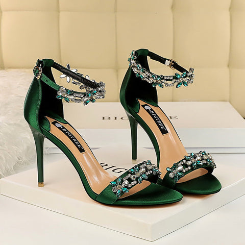 Sandalias de tacón alto de 9 cm con cristales para mujer, para boda, novia, tacones de aguja, sandalias con purpurina, zapatos elegantes de stripper con tiras de satén. 