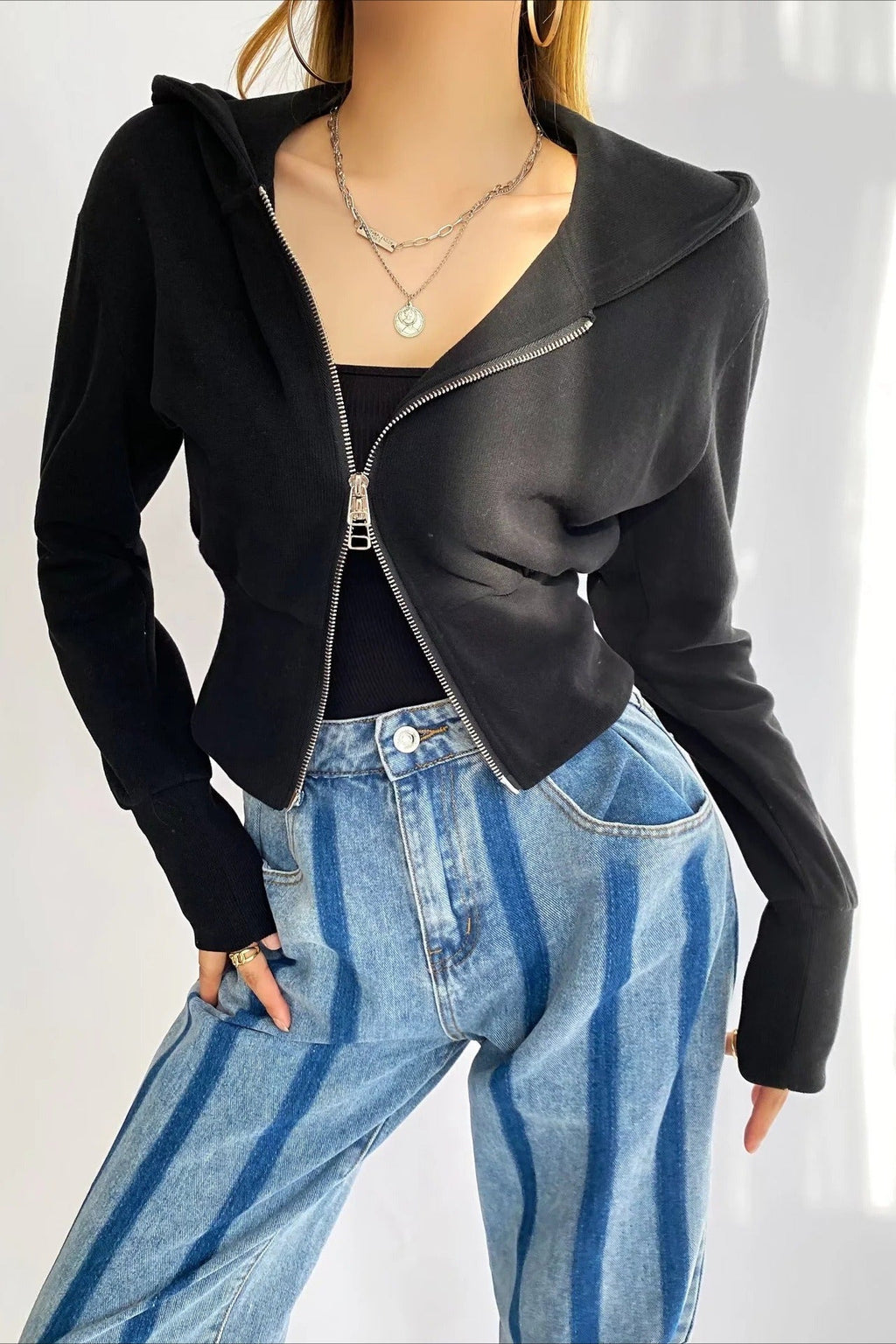 Solid Dual Zipper Slim Cropped Hoodie