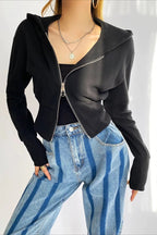 Solid Dual Zipper Slim Cropped Hoodie