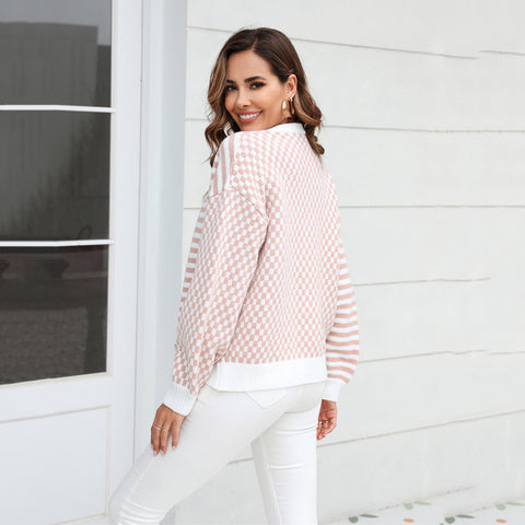 Cárdigan de punto con costura a cuadros y rayas para otoño e invierno para mujer 