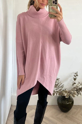 Suéter holgado midi de cuello alto con dobladillo alto y bajo, perfecto para paseos invernales 