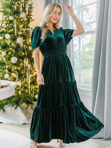 Vestido de terciopelo con escote en V, fruncido, capas, manga corta, vestidos largos 