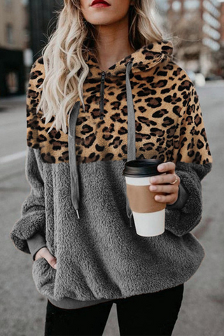 Casual Leopard Patchwork Hooded Collar Tops(4 Colors)